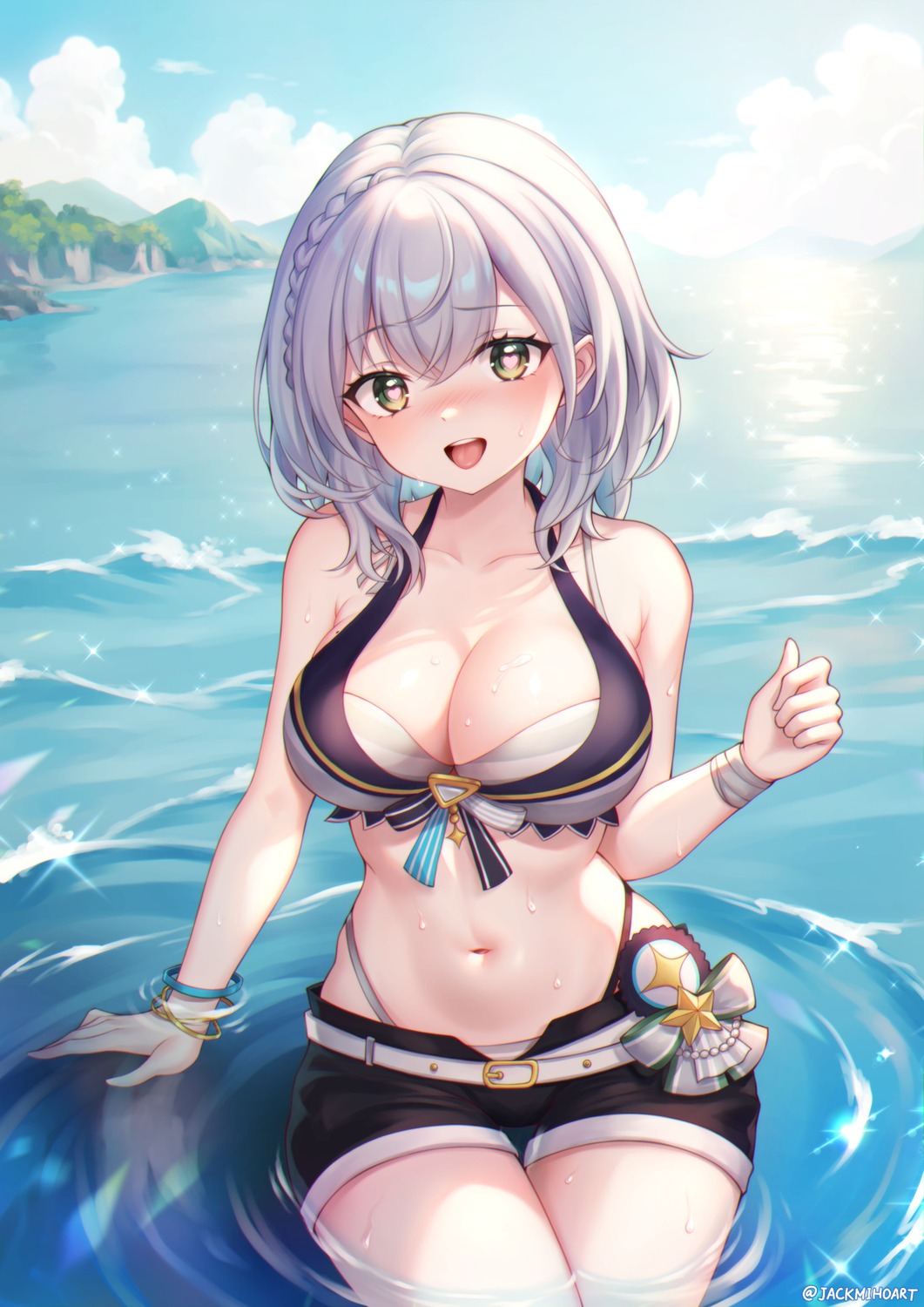 bikini, hololive, jackmiho, shirogane_noel, swimsuits, wet