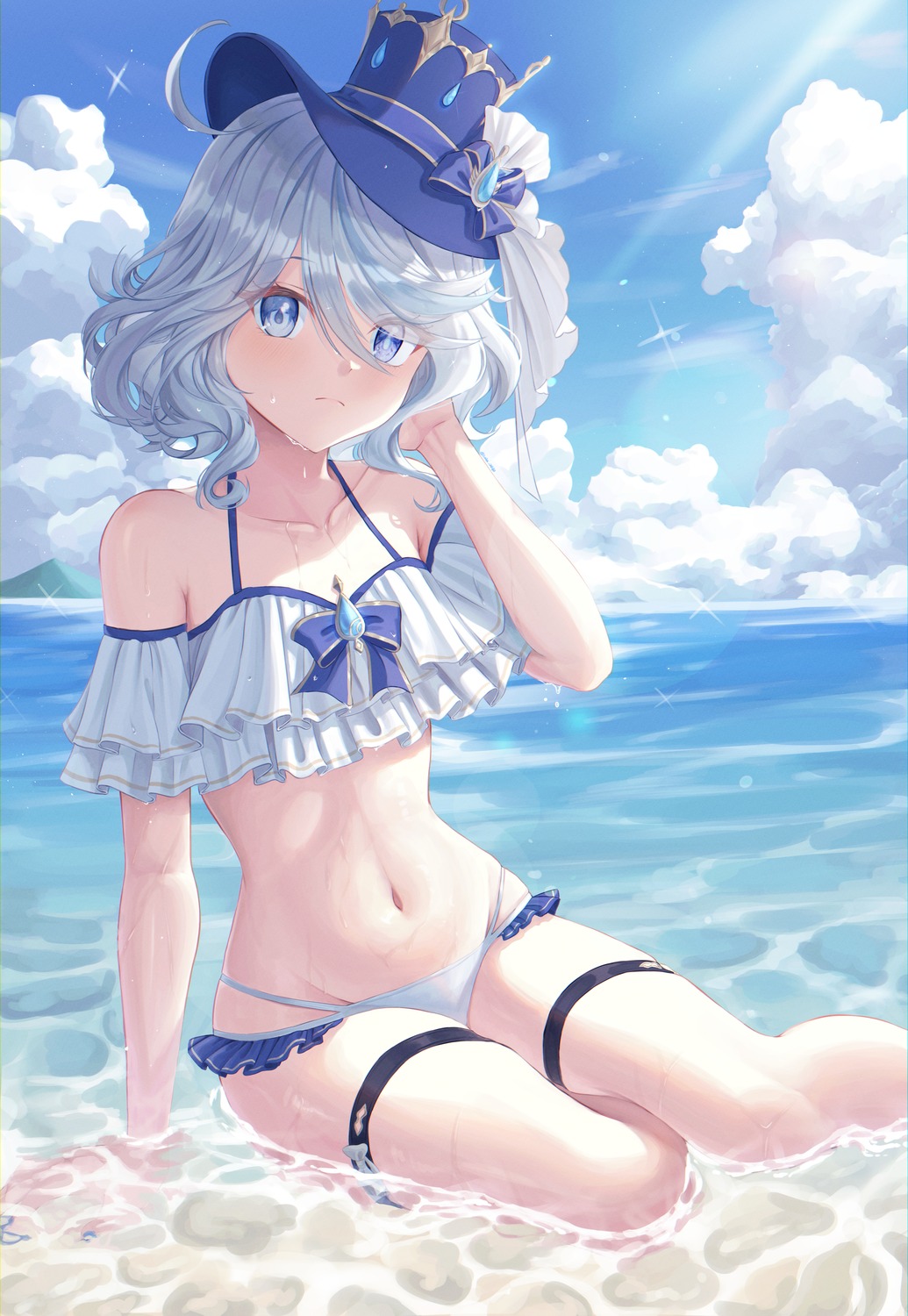 bikini, furina, garter, genshin_impact, heterochromia, lala_(pixiv_42039091), swimsuits, wet