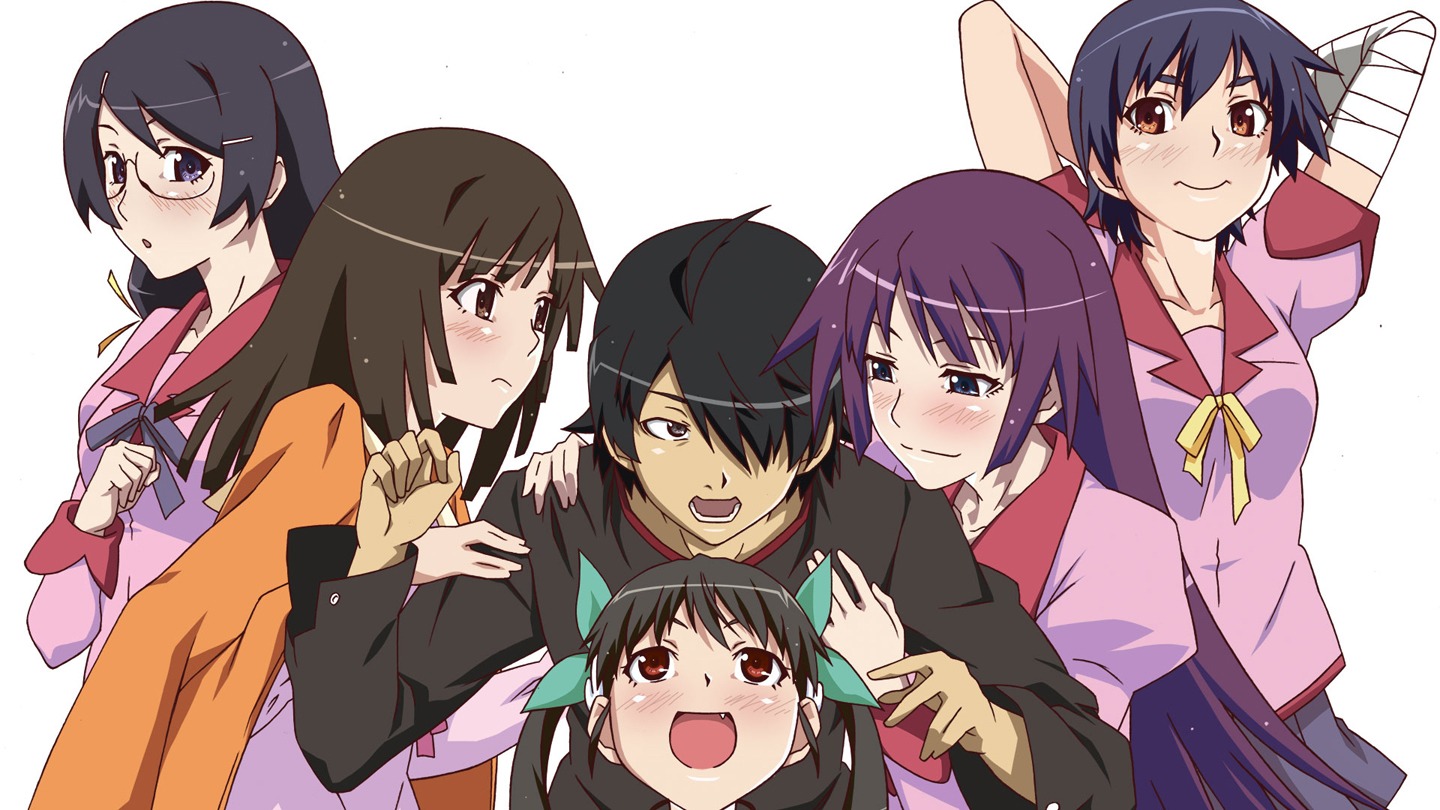 araragi_koyomi, bakemonogatari, hachikuji_mayoi, hanekawa_tsubasa, kanbaru_suruga, megane, monogatari_(series), seifuku, sengoku_nadeko, senjougahara_hitagi, tsurugi
