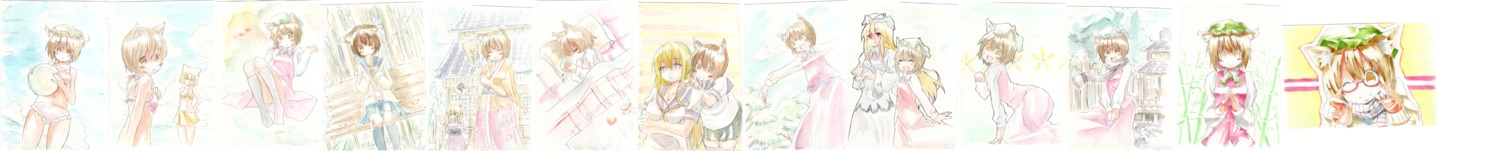 animal_ears, bikini, chen, japanese_clothes, megane, oge_(ogeogeoge), seifuku, swimsuits, touhou, yakumo_ran, yakumo_yukari