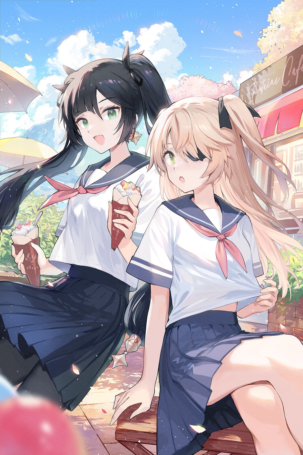 eyepatch, fischl, genshin_impact, mona_megistus, ritsuki, see_through, seifuku, undressing