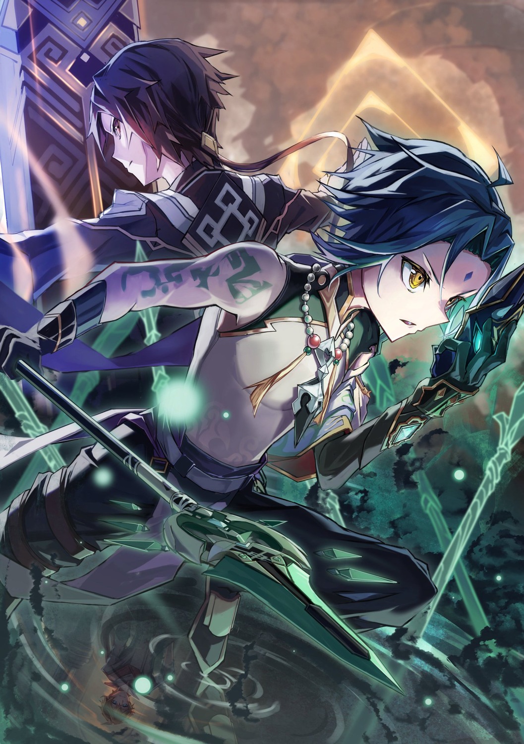 genshin_impact, ichinose_satsuki, male, tattoo, weapon, xiao, zhongli
