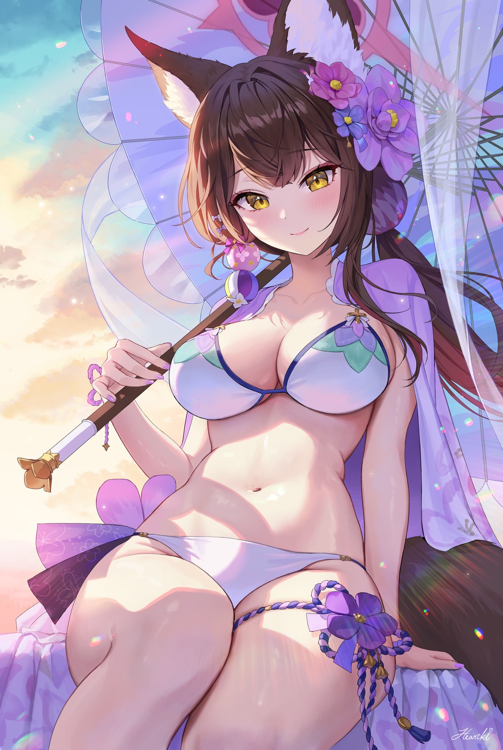 animal_ears, bikini, blue_archive, garter, halo, heartki, japanese_clothes, kitsune, kosaka_wakamo, swimsuits, tail, umbrella