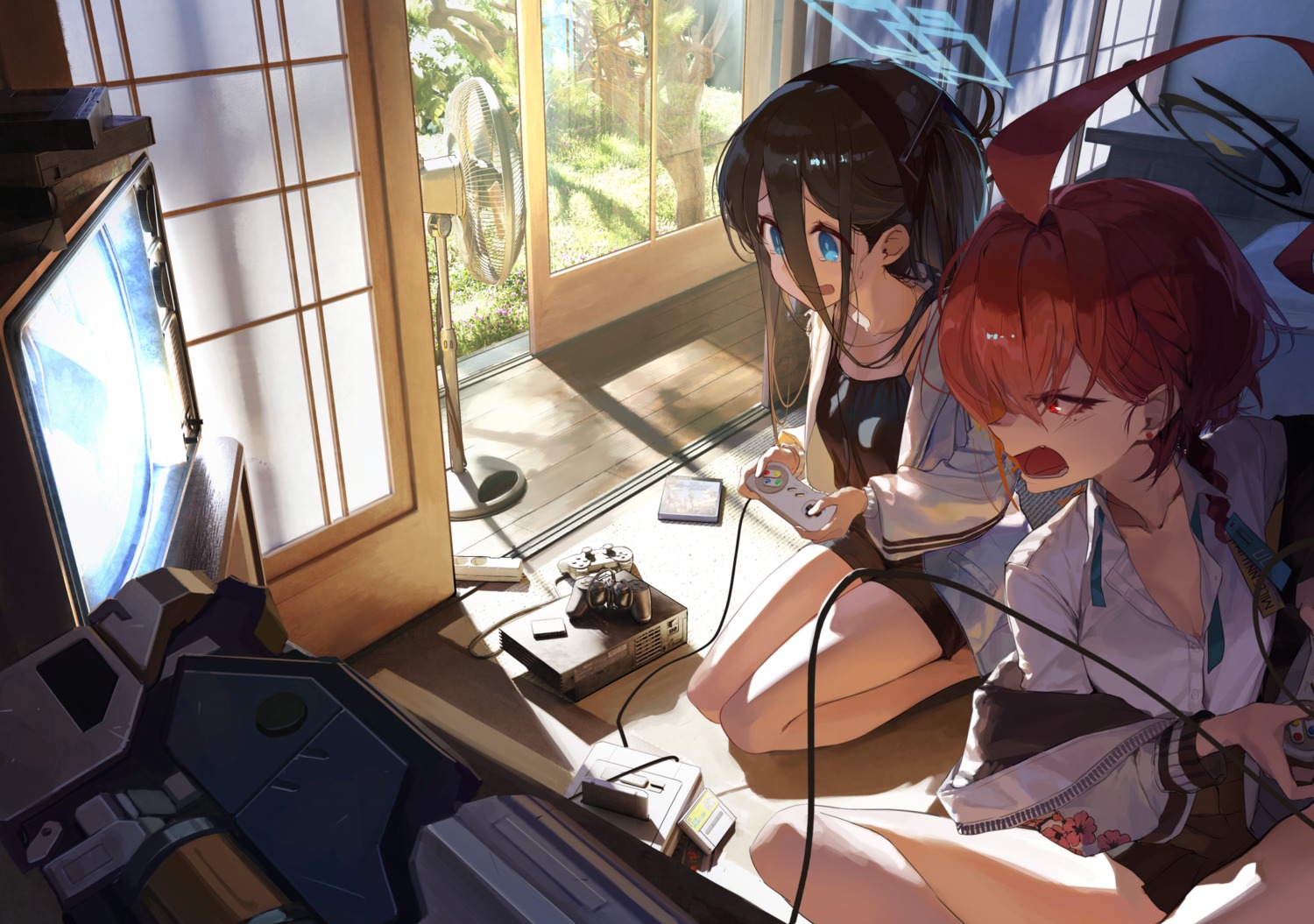 blue_archive, cleavage, ggoc_ill, halo, mikamo_neru, open_shirt, seifuku, tendou_aris