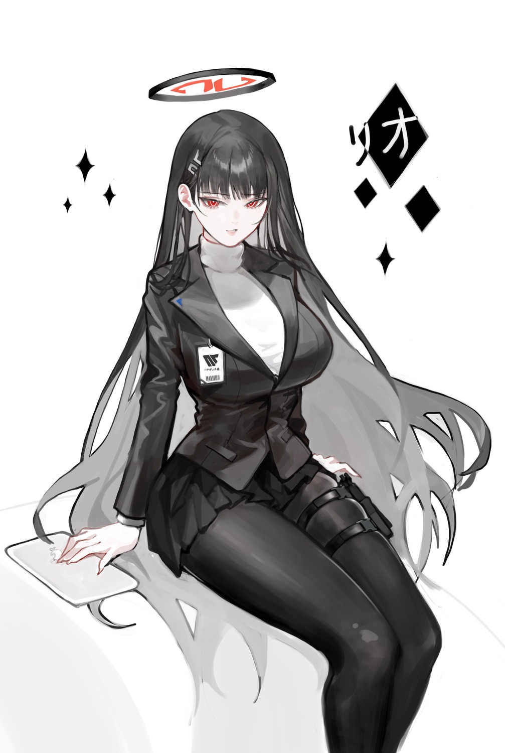 blue_archive, business_suit, garter, halo, pantyhose, renn_01, sweater, tsukatsuki_rio