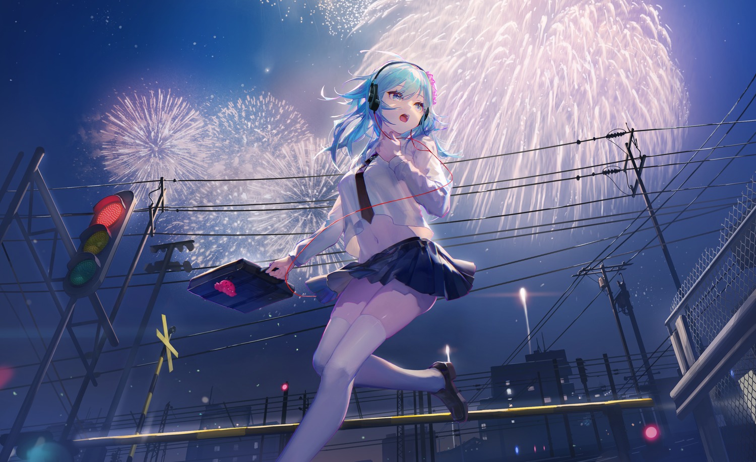 haiyi, headphones, leiq, seifuku, synthesizer_v, thighhighs