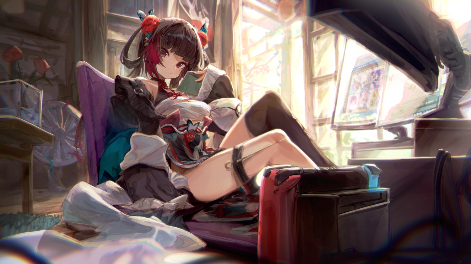 garter, japanese_clothes, k3nzoteruya, sketch, star_trail, thighhighs, weapon, zero_gabriel