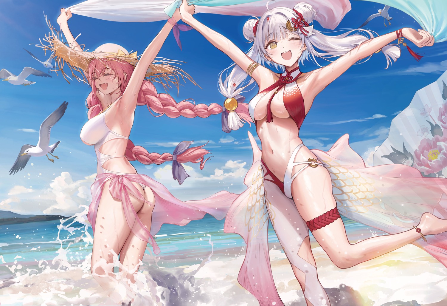 ameyame, ass, bikini, detexted, erect_nipples, fu_ji, fujita_kana, garter, majsoul, see_through, sweater, swimsuits, thong, wet