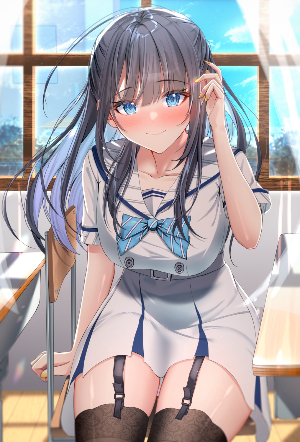 kunimine_yuzuki, seifuku, stockings, thighhighs