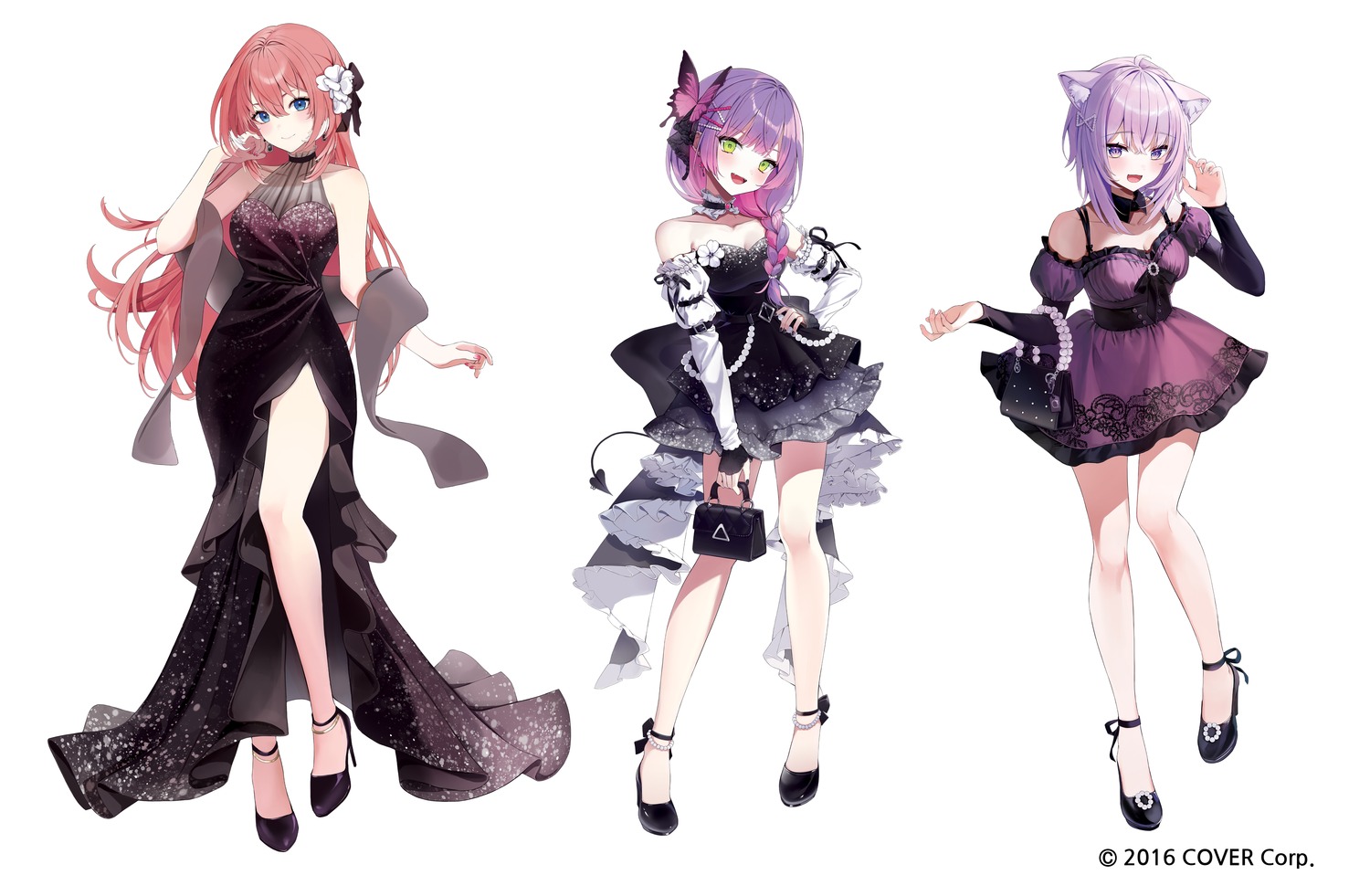 animal_ears, dress, eumi_114, heels, hololive, hololive_gamers, nekomata_okayu, nekomimi, no_bra, see_through, tail, takane_lui, tokoyami_towa