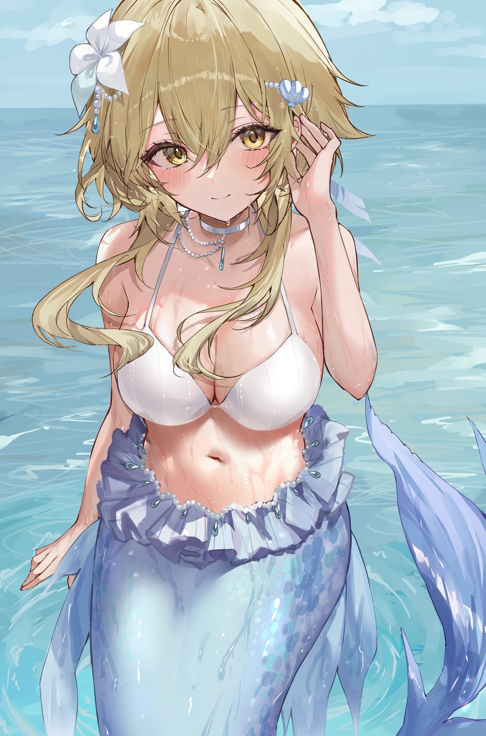bikini_top, genshin_impact, lumine, mermaid, monster_girl, raiya_atelier, swimsuits, tail