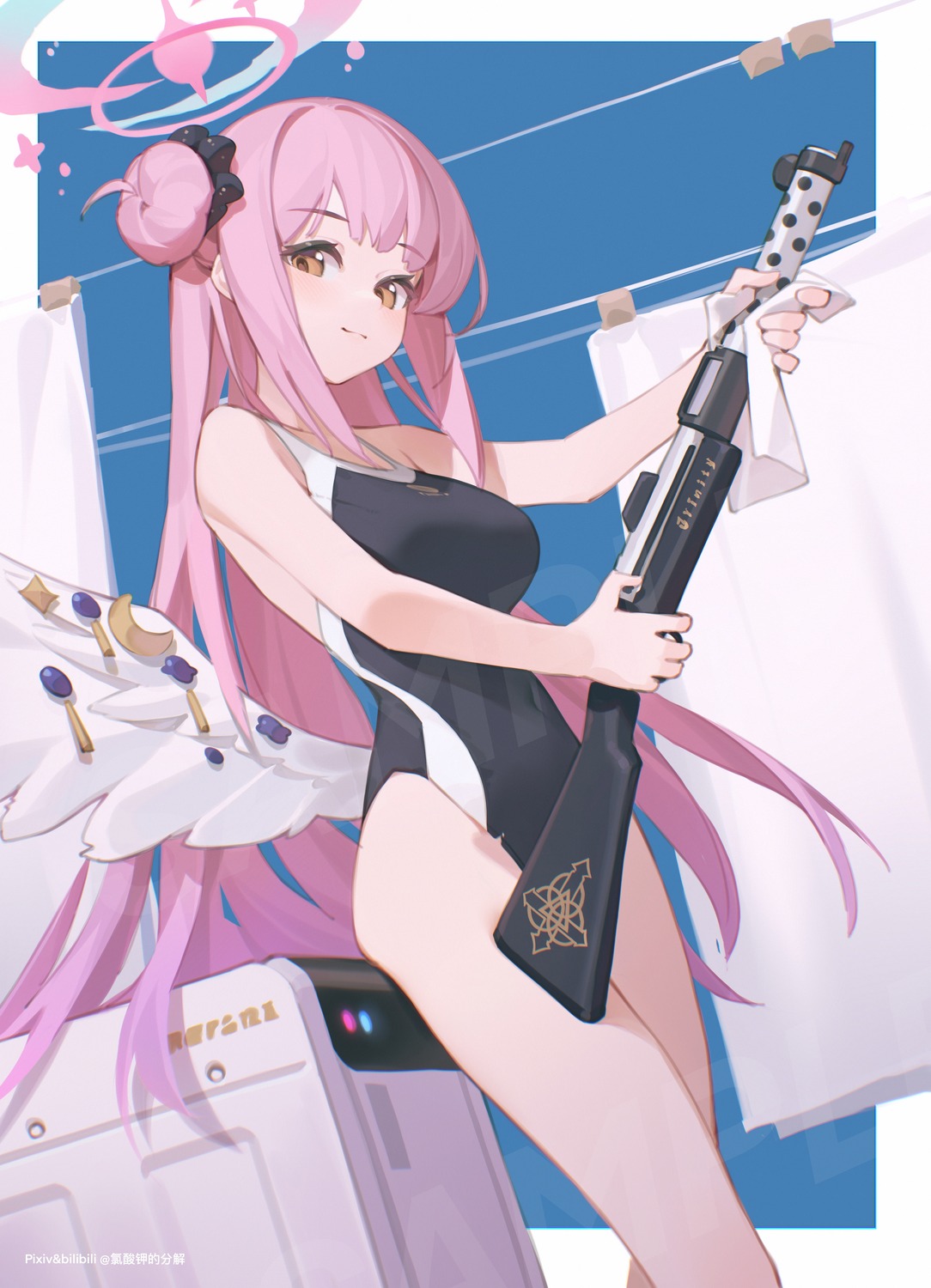 angel, bilibili_xiaolu, blue_archive, gun, misono_mika, swimsuits, wings
