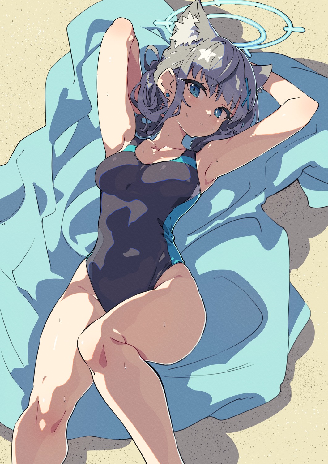 animal_ears, blue_archive, halo, nekomimi, sunaookami_shiroko, swimsuits, ushiki_yoshitaka