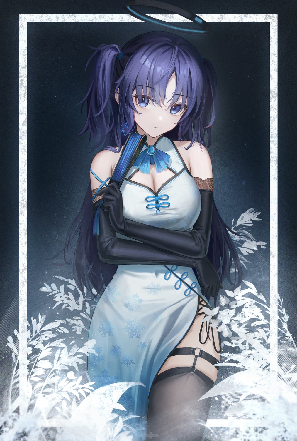 blue_archive, chinadress, cleavage, flippy_(cripine111), garter, halo, hayase_yuuka, stockings