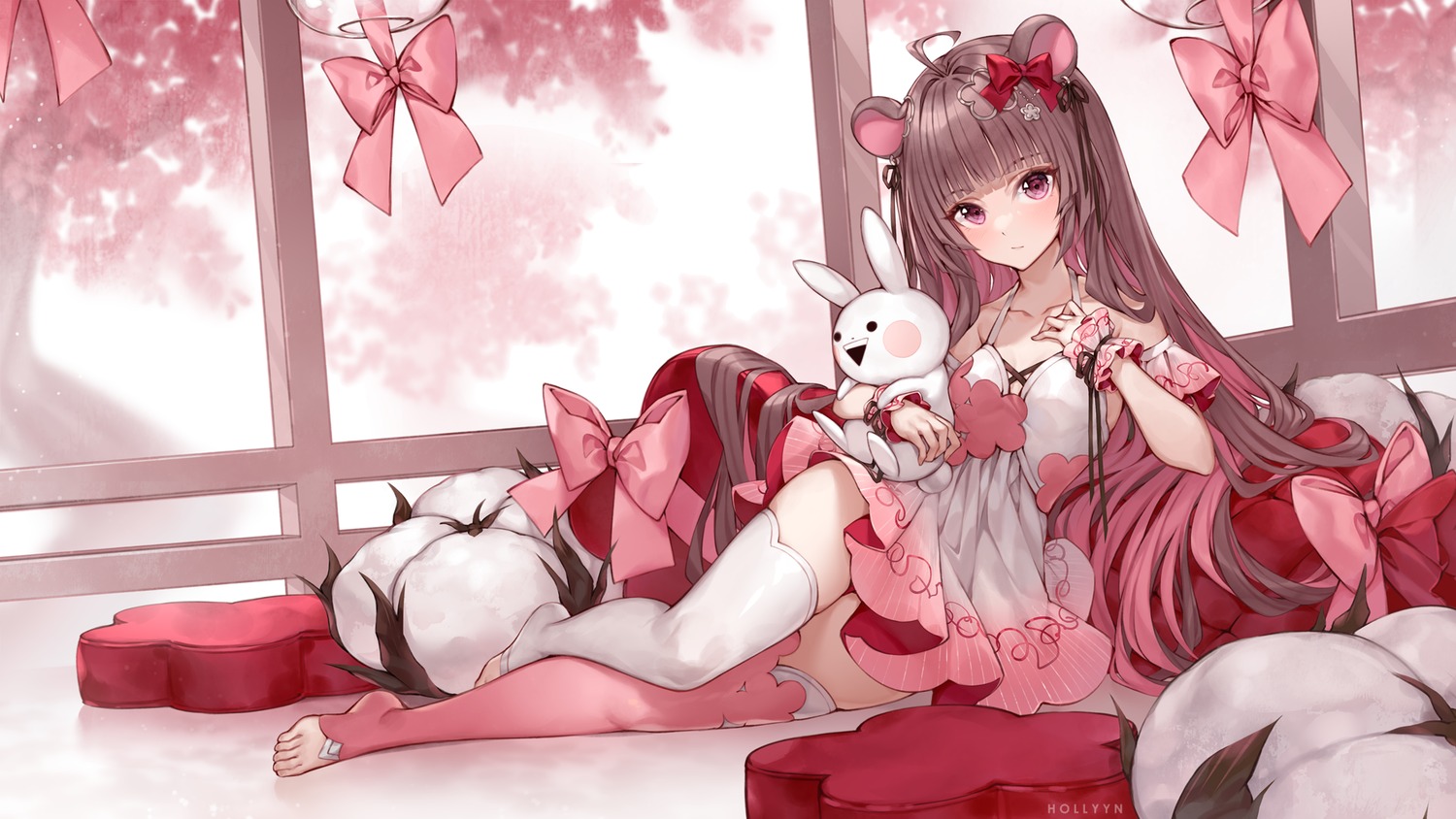 animal_ears, cleavage, dress, hollyyn, thighhighs, wallpaper