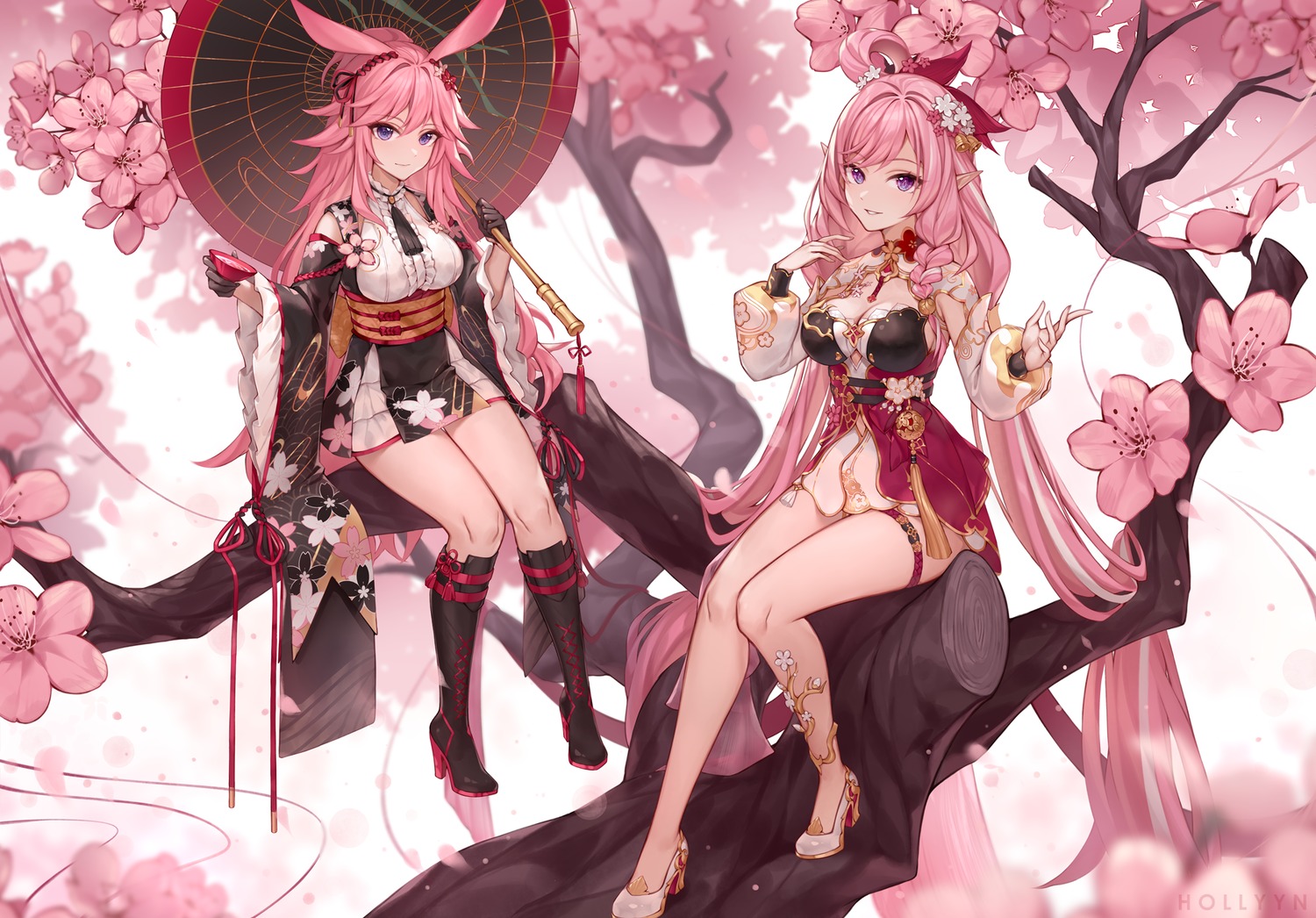 animal_ears, asian_clothes, benghuai_xueyuan, bunny_ears, elysia_(honkai_impact), garter, heels, hollyyn, honkai_impact, lolita_fashion, pointy_ears, umbrella, wa_lolita, yae_sakura_(benghuai_xueyuan)
