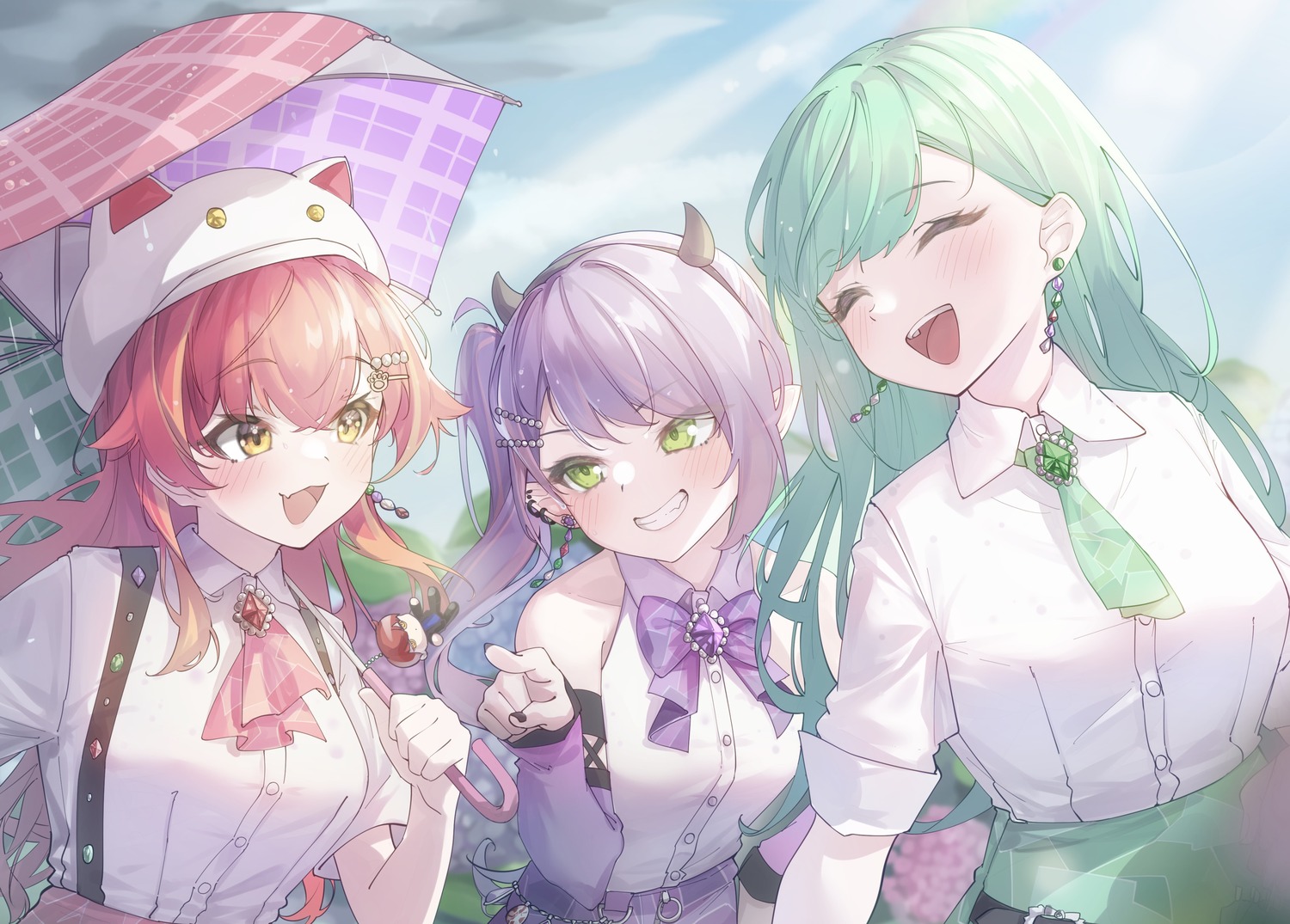 animal_ears, crossover, hololive, horns, kurumi_tsuchi, pointy_ears, sakura_miko, seifuku