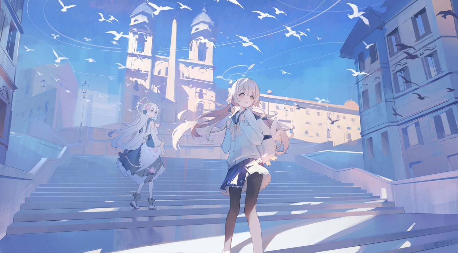 ajitani_hifumi, angel, blue_archive, iranon_(new_iranon), landscape, pantyhose, seifuku, shirasu_azusa