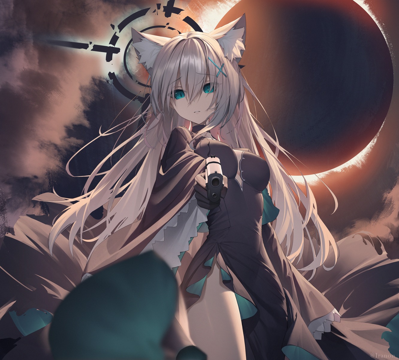 animal_ears, blue_archive, dress, gun, halo, iranon_(new_iranon), nekomimi, sunaookami_shiroko