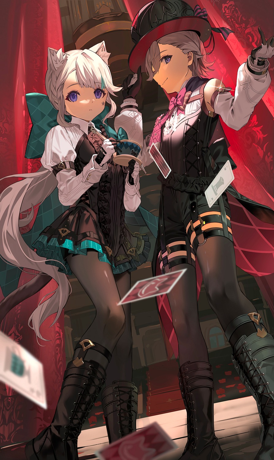 animal_ears, garter, genshin_impact, lynette, lyney, motto_(night_wear), nekomimi, pantyhose