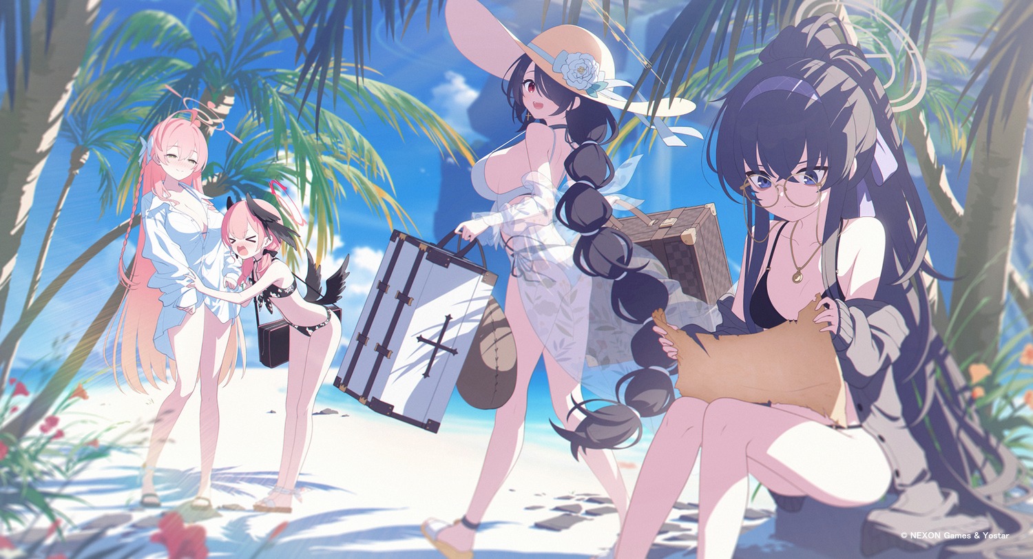 bikini, blue_archive, halo, hennnachoco, kozeki_ui, megane, see_through, shimoe_koharu, swimsuits, urawa_hanako, wakaba_hinata_(blue_archive), wings