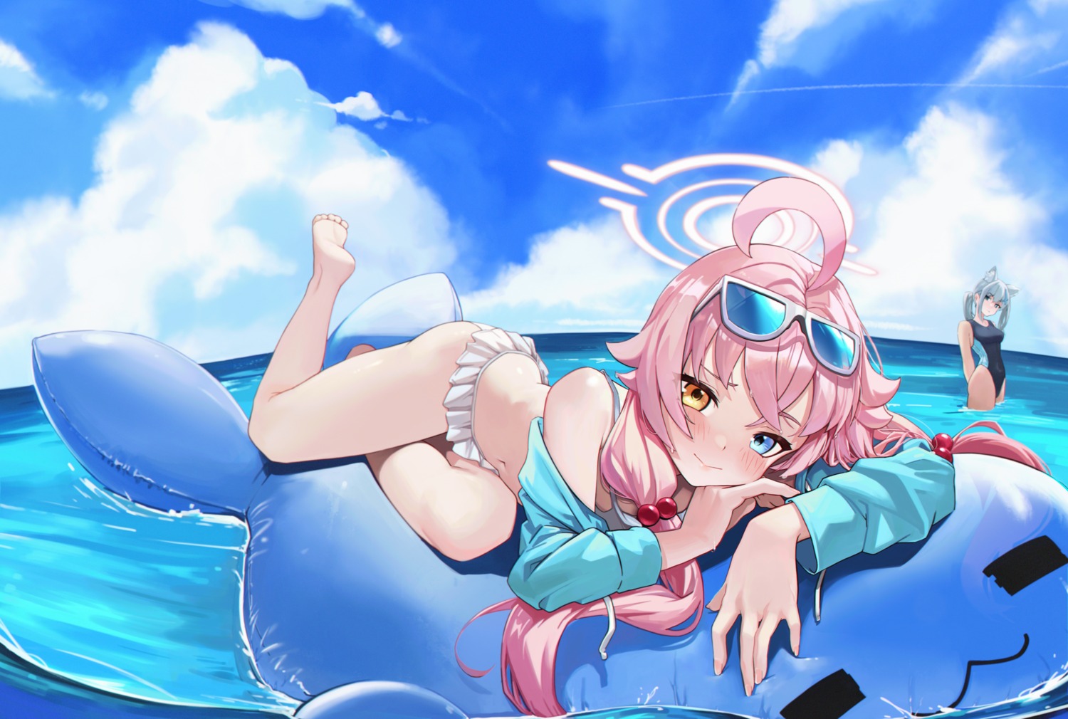 animal_ears, anizi, bikini, blue_archive, halo, heterochromia, megane, nekomimi
