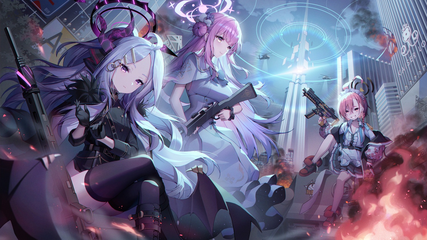 angel, blue_archive, devil, dress, gun, halo, horns, lemonpear