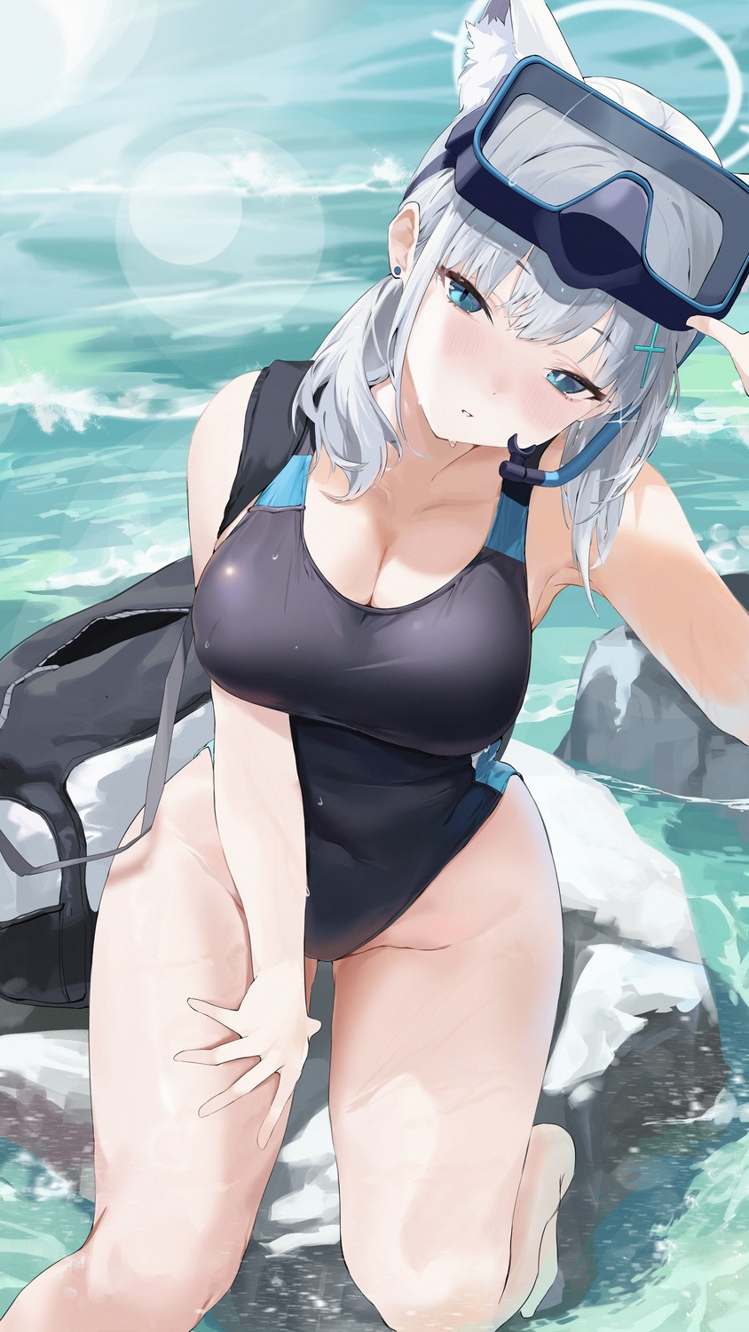 animal_ears, blue_archive, cleavage, halo, nekomimi, sadan1317, sunaookami_shiroko, swimsuits