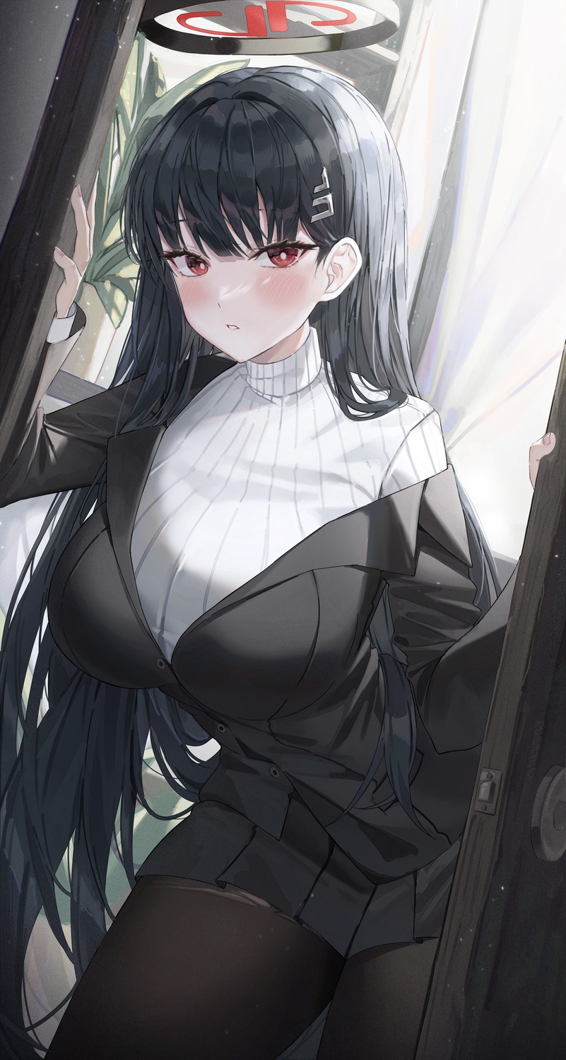 blue_archive, business_suit, halo, k.j., pantyhose, sweater, torn_clothes, tsukatsuki_rio