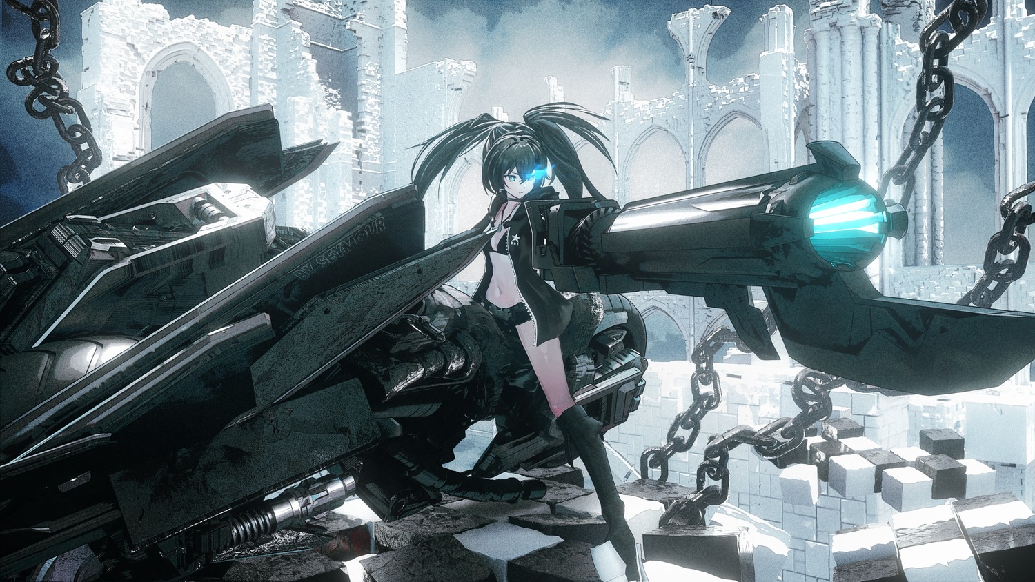 bikini_top, black_rock_shooter, black_rock_shooter_(character), gun, open_shirt, seymour, swimsuits