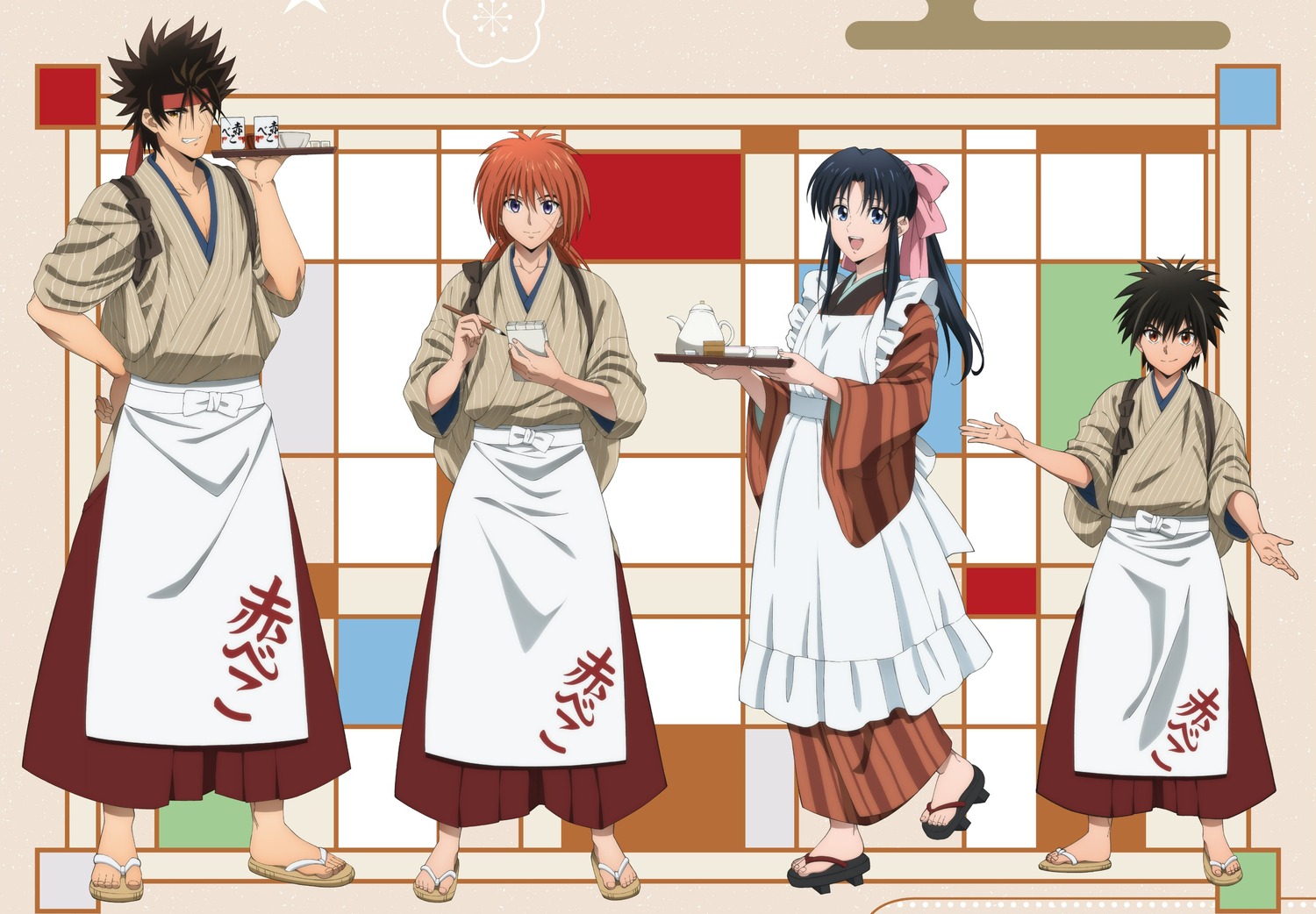 himura_kenshin, kamiya_kaoru, maid, myoujin_yahiko, rurouni_kenshin, sagara_sanosuke, wa_maid, waitress