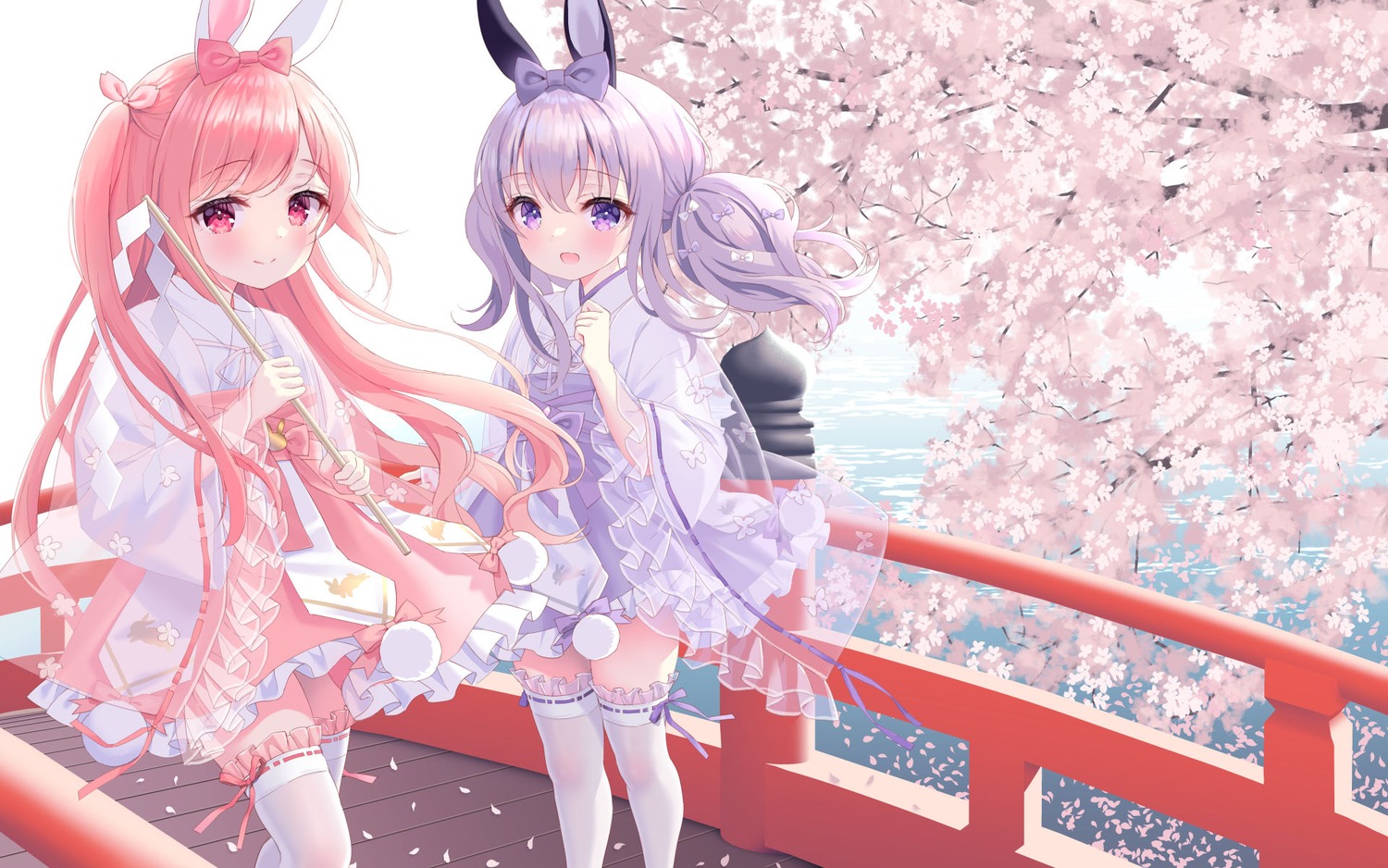 animal_ears, bunny_ears, chitosezaka_suzu, miko, see_through, thighhighs, wallpaper