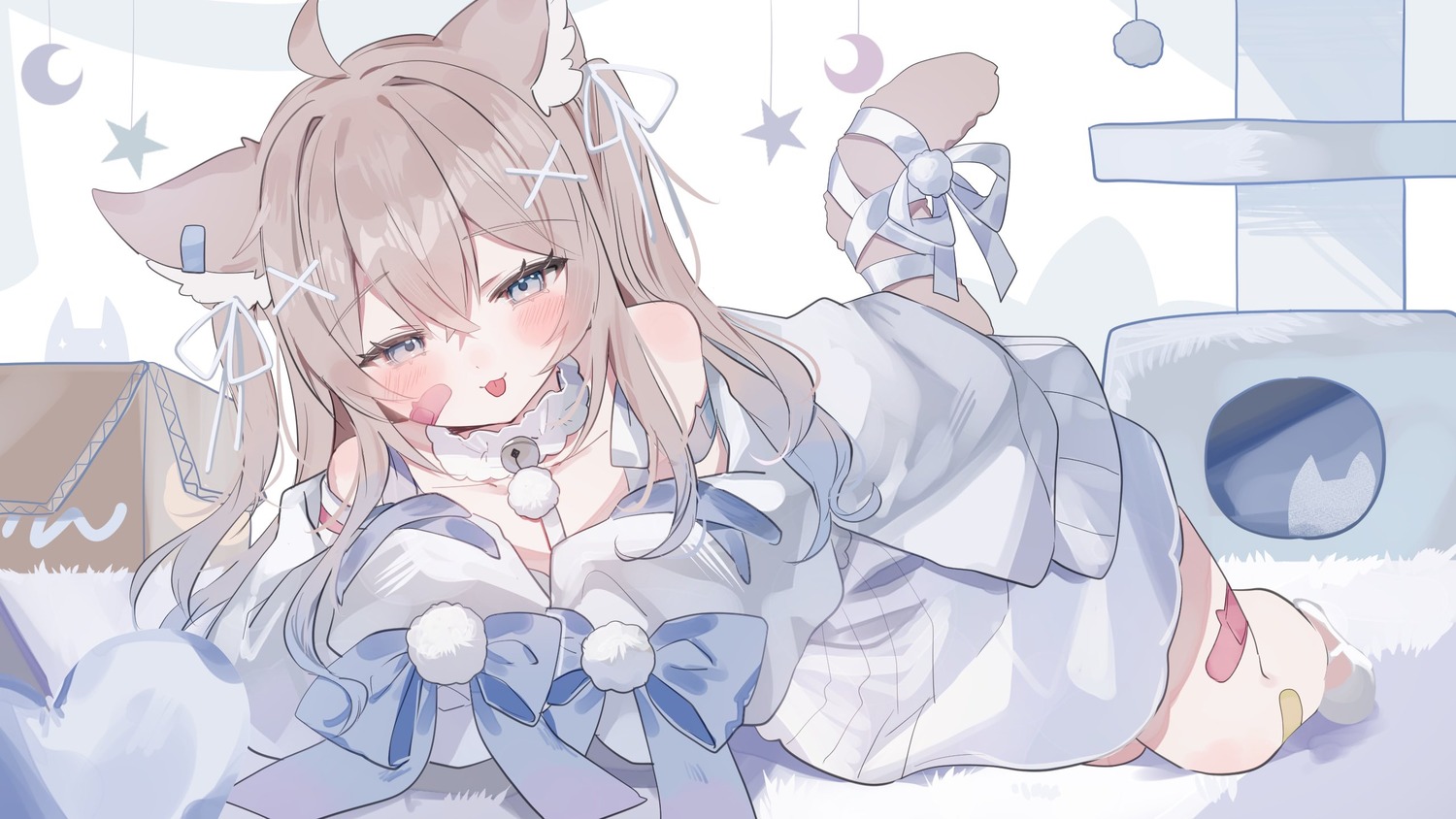 animal_ears, bandaid, indie_virtual_youtuber, mashirone_mimiy, nekomimi, sorani_(kaeru0768), sweater, tail, wallpaper