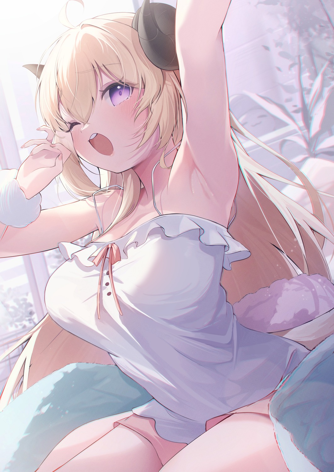 artist_revision, eat_some_cookie, hololive, horns, lingerie, tsunomaki_watame