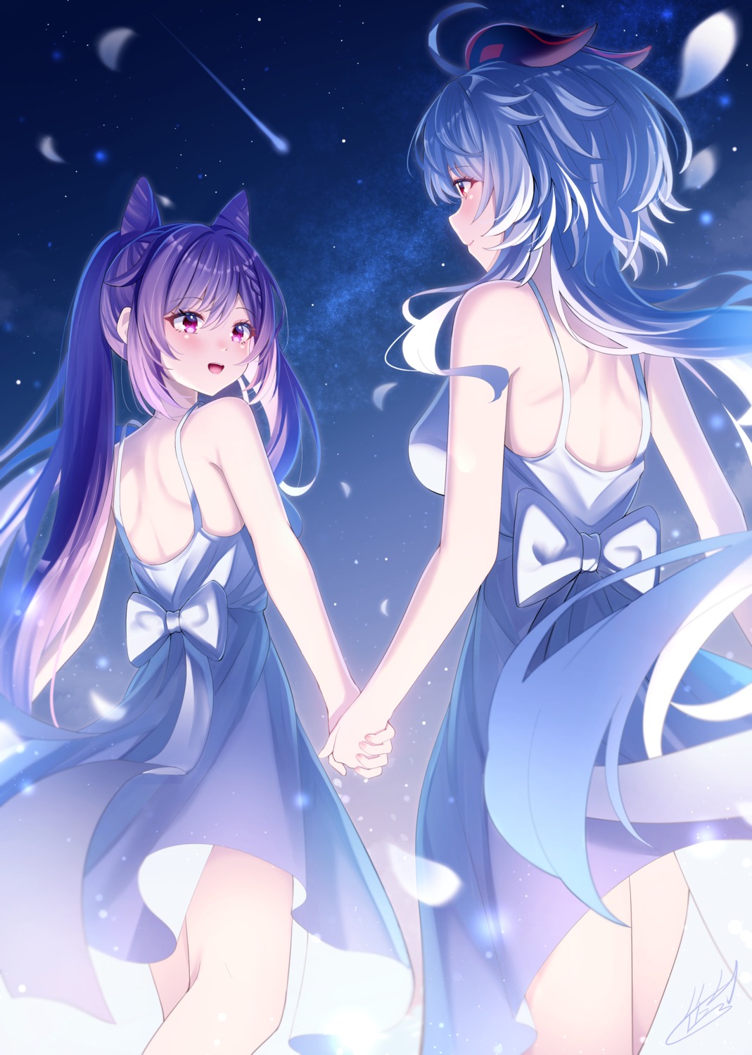 dress, ganyu, genshin_impact, horns, keqing, summer_dress, takemura_kou, yuri