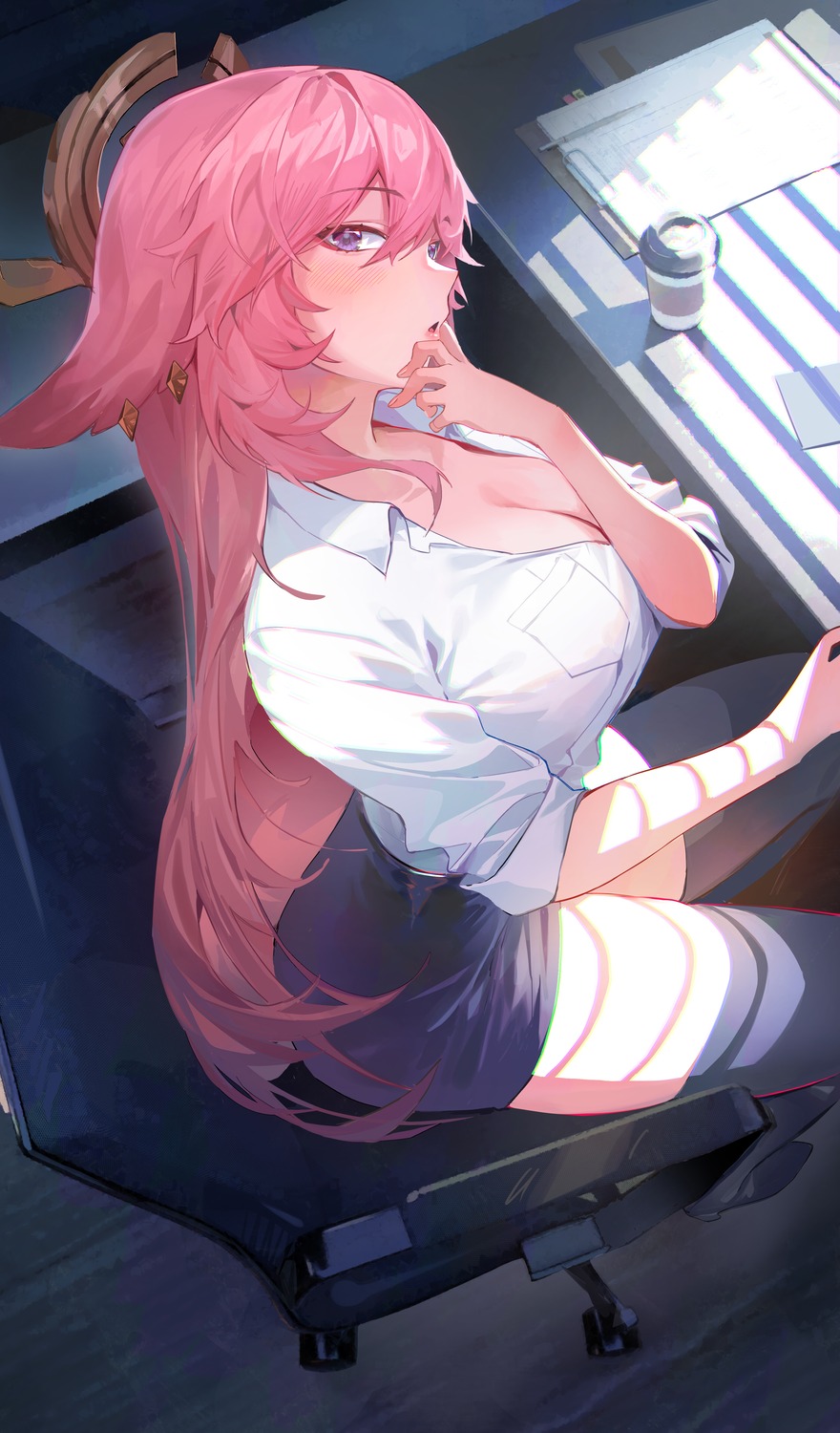 animal_ears, dress_shirt, genshin_impact, heels, kawa683, kitsune, no_bra, open_shirt