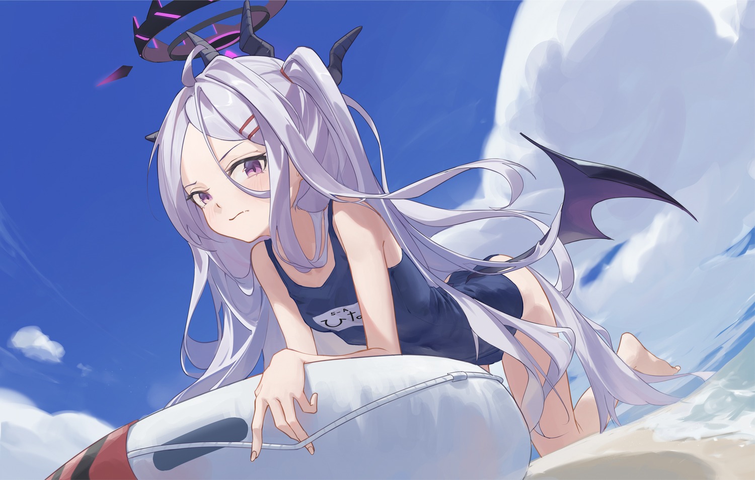blue_archive, devil, halo, horns, newnand, school_swimsuit, sorasaki_hina, swimsuits, wings