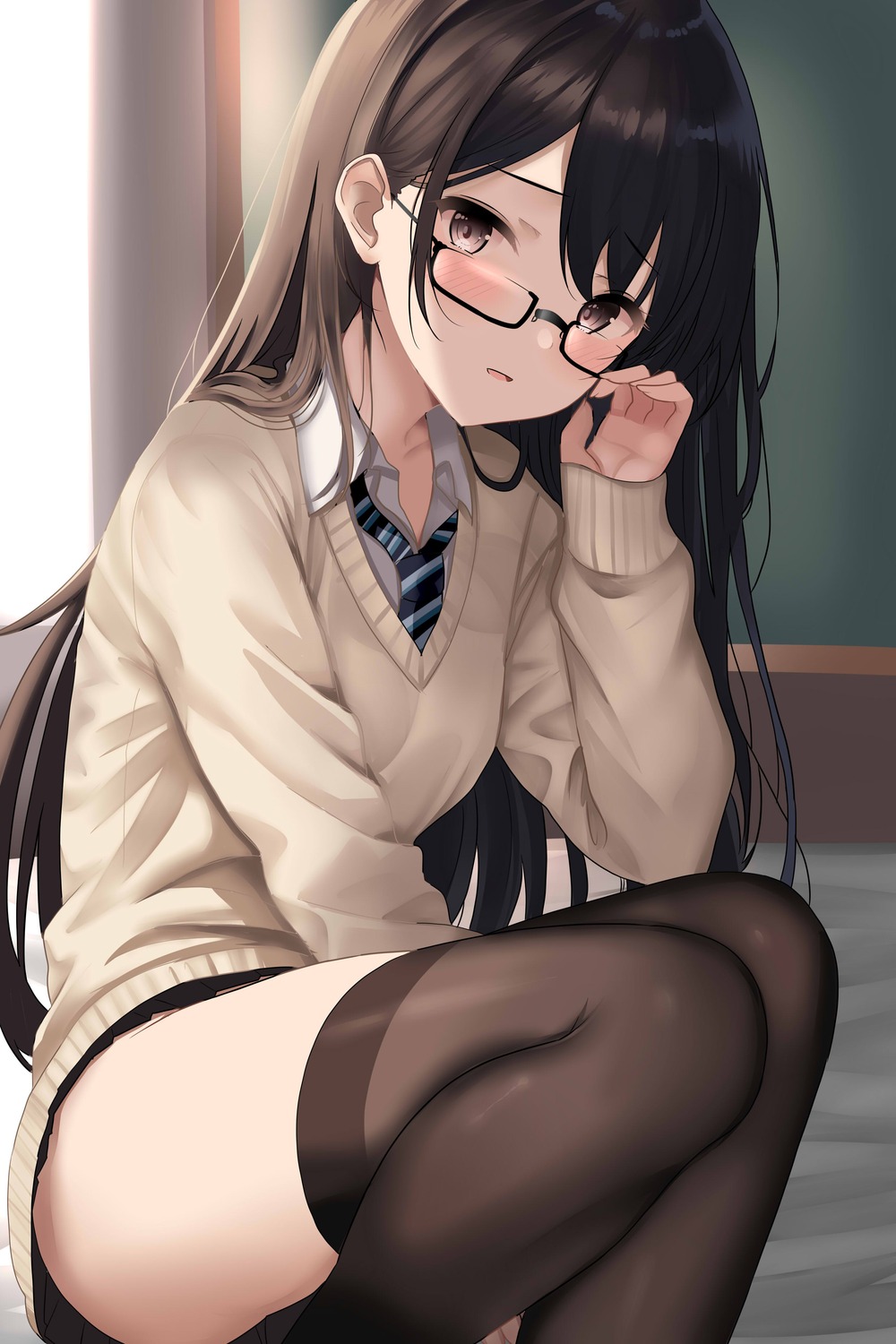 himura_moritaka, megane, seifuku, sweater, thighhighs