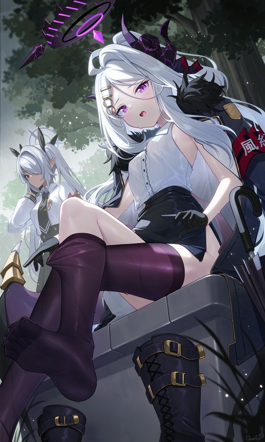 blue_archive, dango_remi, feet, halo, horns, pointy_ears, shiromi_iori, sorasaki_hina, thighhighs, uniform