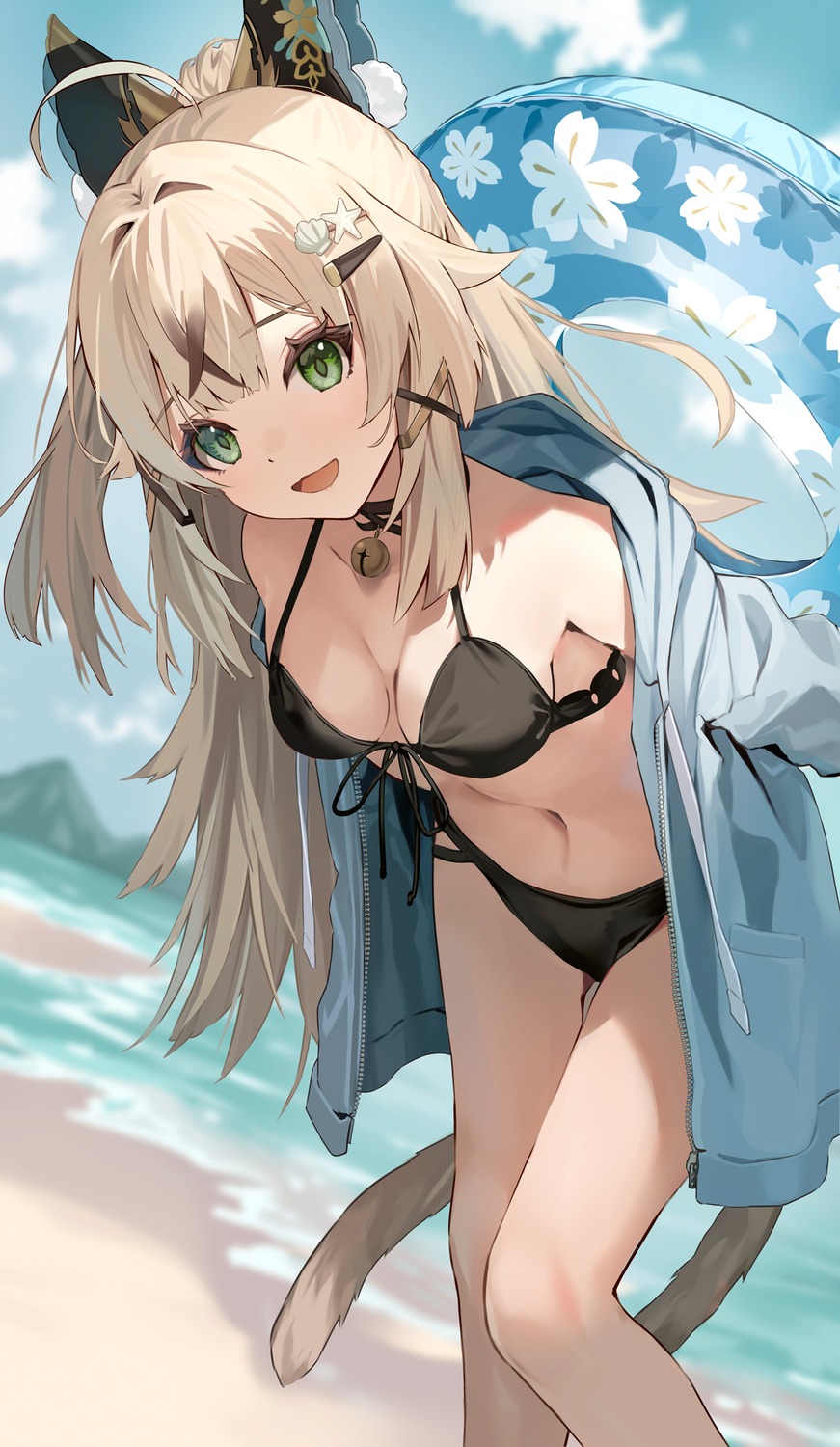 animal_ears, bikini, genshin_impact, kirara_(genshin_impact), motto_(night_wear), nekomimi, open_shirt, swimsuits, tail