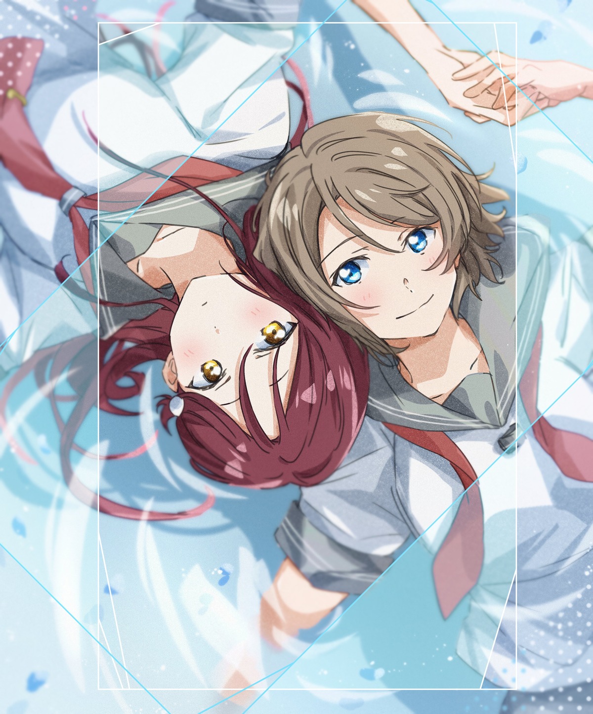 love_live!_(series), love_live!_sunshine!!, sakurauchi_riko, seifuku, watanabe_you, wet, yuchi_(salmon-1000), yuri