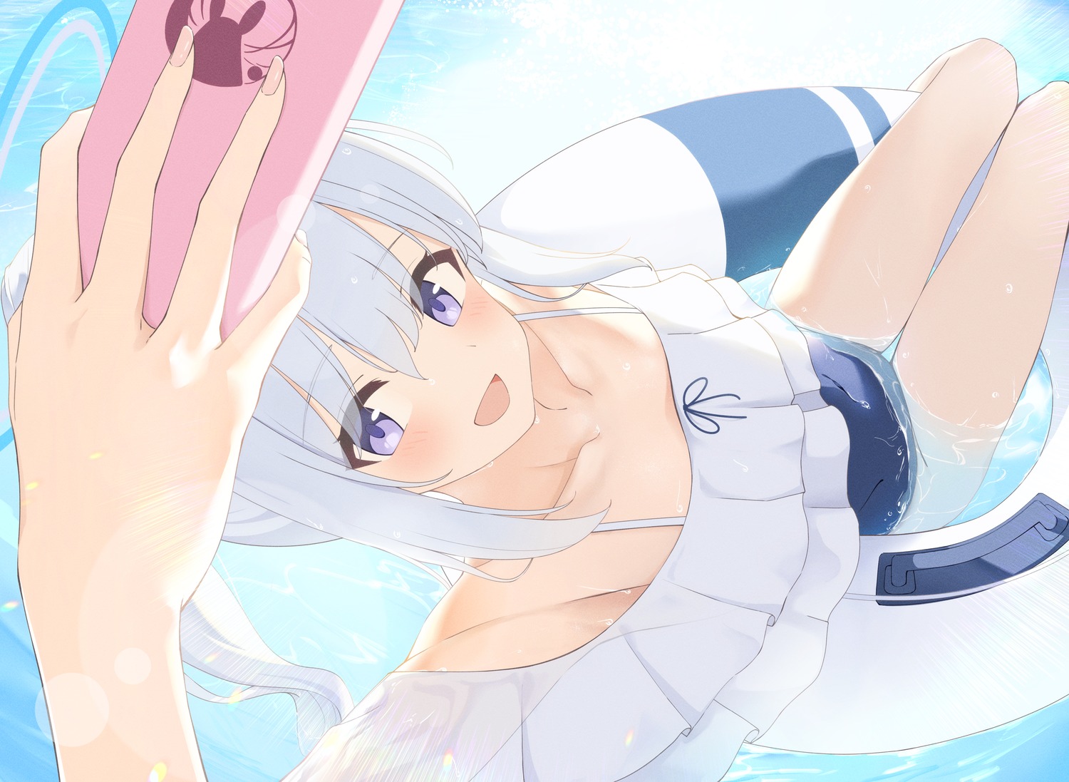 blue_archive, halo, selfie, swimsuits, tomu_(tom_309k), tsukiyuki_miyako, wet
