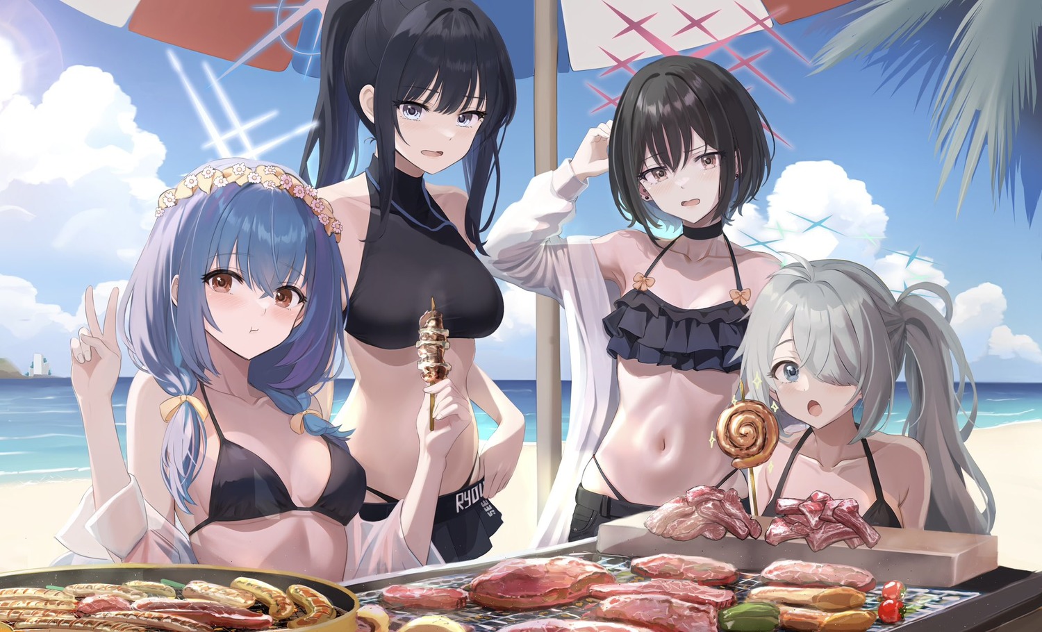 bikini, bikini_top, blue_archive, hakari_atsuko, halo, imashino_misaki, joumae_saori, open_shirt, ryouta_(ryouta335), see_through, swimsuits, tsuchinaga_hiyori