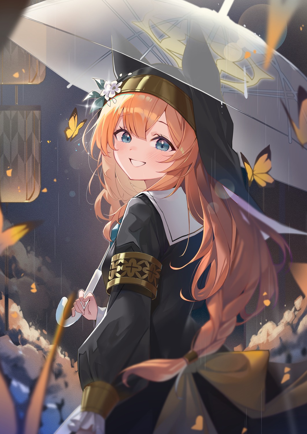 animal_ears, blue_archive, halo, iochi_mari, kurobi_(netisz), nekomimi, nun, umbrella