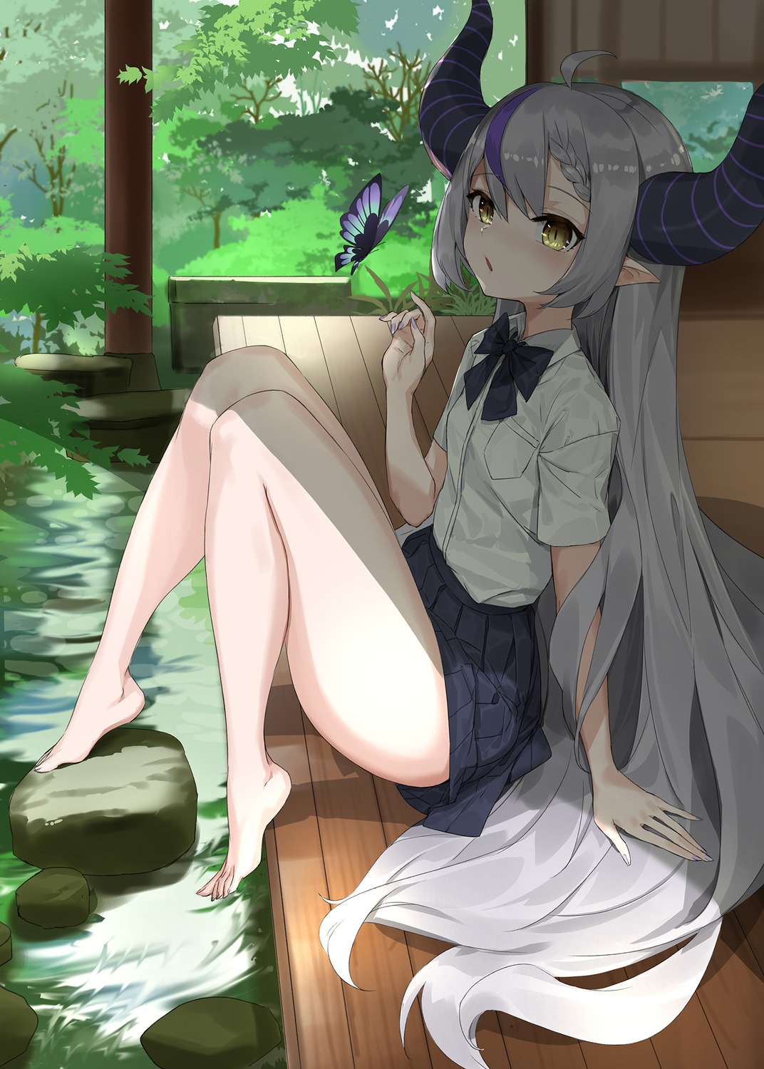 crystal_shoujo, hololive, horns, la+_darknesss, pointy_ears, seifuku, skirt_lift