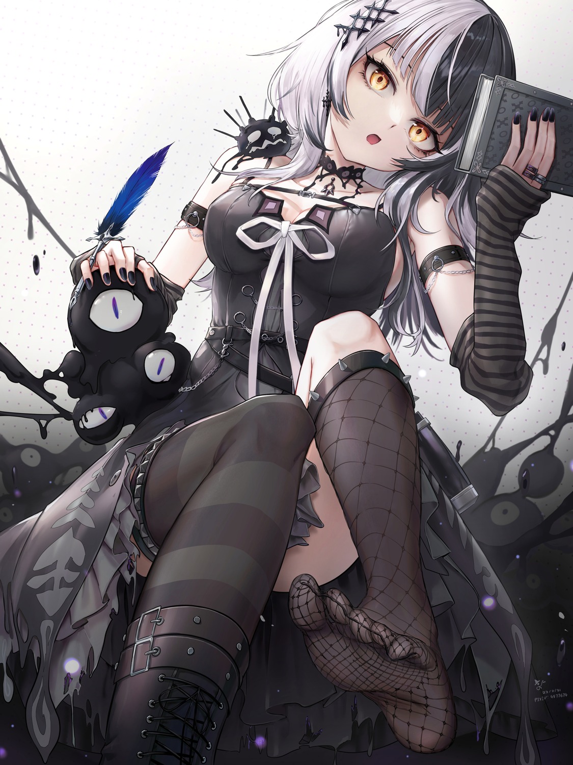 dress, feet, fishnets, gothic_lolita, hololive, hololive_english, lolita_fashion, qiaogun_damodao, shiori_novella, thighhighs