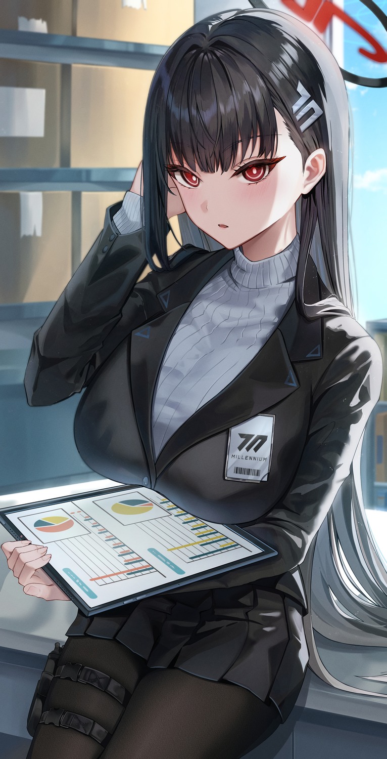 blue_archive, business_suit, garter, halo, lnji_(rnlwls34), pantyhose, sweater, tsukatsuki_rio