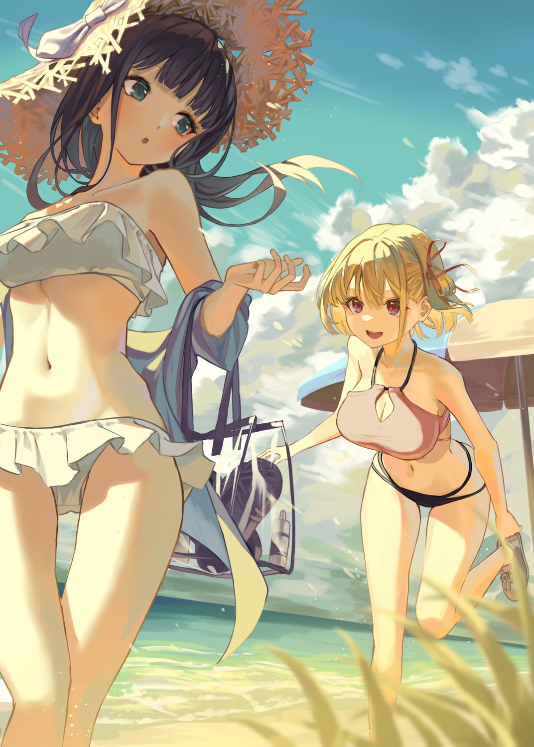 bikini, cleavage, inoue_takina, lycoris_recoil, nishikigi_chisato, open_shirt, roco_(rocoroco1115), swimsuits