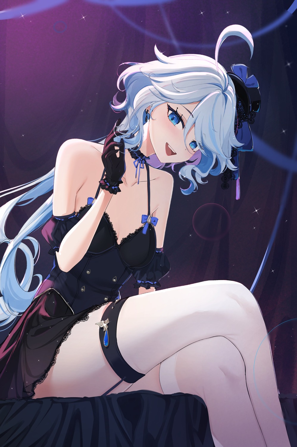 cleavage, dress, feint721, furina, garter, genshin_impact, heterochromia, stockings, thighhighs