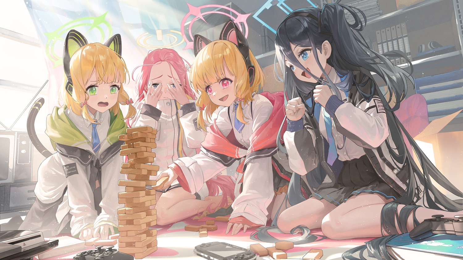 animal_ears, blue_archive, halo, hanaoka_yuzu, headphones, nekomimi, saiba_midori, saiba_momoi